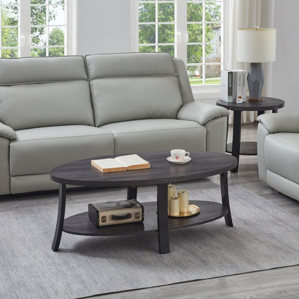 English Elm Anze Oval Wood 3 Piece Living Room Coffee and End Table Set with Open Shelves Charcoal T2574S00028