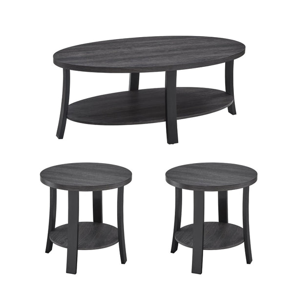 English Elm Anze Oval Wood 3 Piece Living Room Coffee and End Table Set with Open Shelves Charcoal T2574S00028