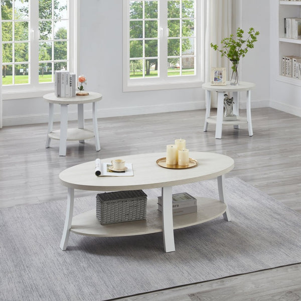 English Elm Anze Oval Wood 3 Piece Living Room Coffee and End Table Set with Open Shelves White T2574S00029