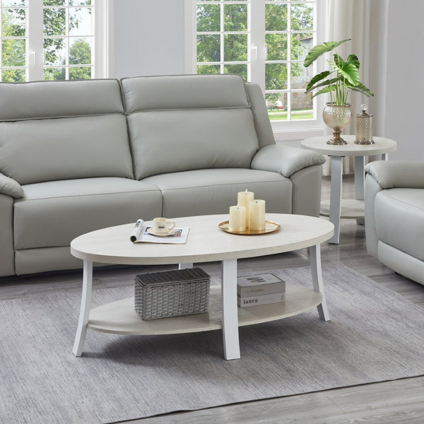 English Elm Anze Oval Wood 3 Piece Living Room Coffee and End Table Set with Open Shelves White T2574S00029