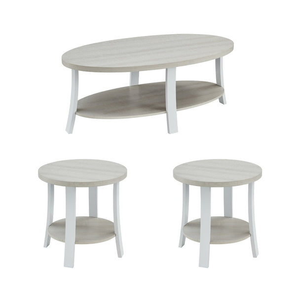 English Elm Anze Oval Wood 3 Piece Living Room Coffee and End Table Set with Open Shelves White T2574S00029