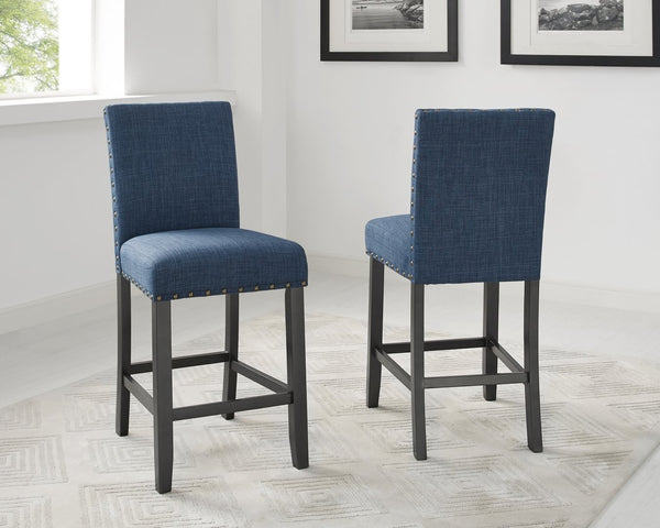 English Elm Biony Round Espresso Counter Dining Set with Blue Linen Stools and Brass Nailhead Trim T2574S00031