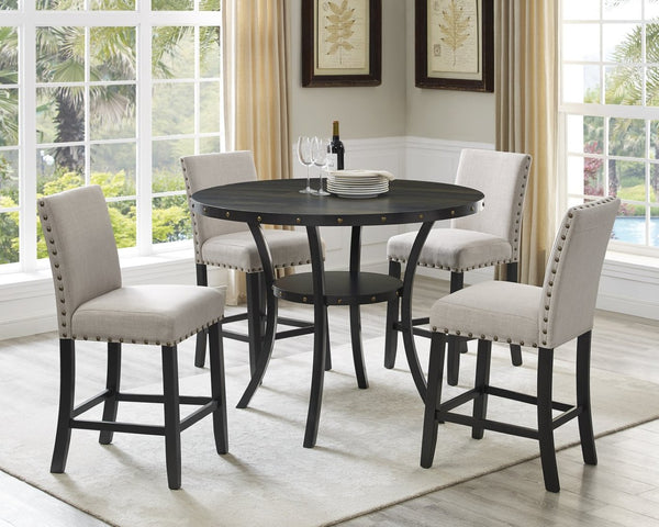 English Elm Biony Espresso Round Counter Height Dining Set Brass Nailhead Stools Seat Four Tan T2574S00033