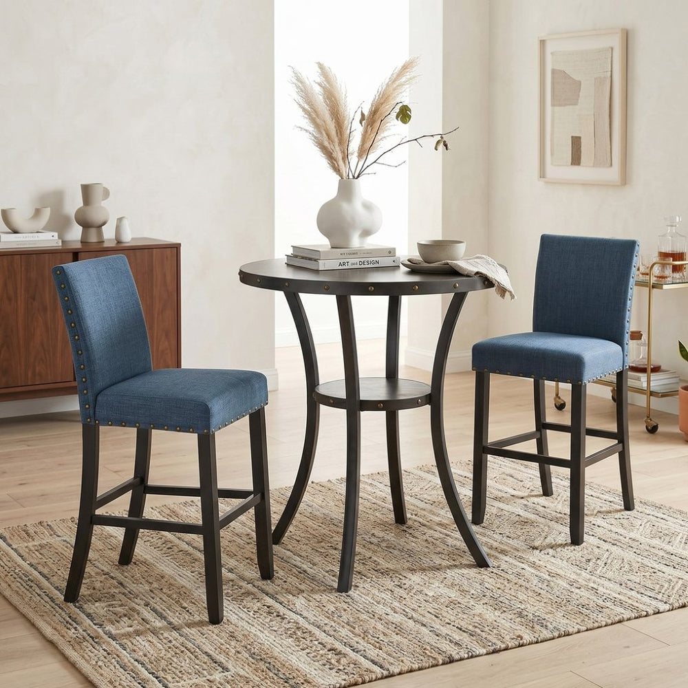 English Elm Biony Round Pub Table Set with Upholstered Chairs Brass Nail Head Espresso Finish Blue T2574S00034
