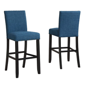 English Elm Biony Round Pub Table Set with Upholstered Chairs Brass Nail Head Espresso Finish Blue T2574S00034