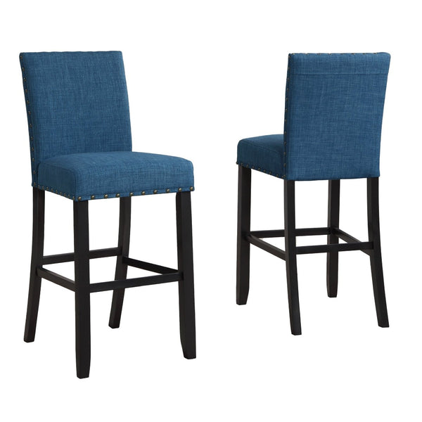 English Elm Biony Round Pub Table Set with Upholstered Chairs Brass Nail Head Espresso Finish Blue T2574S00034