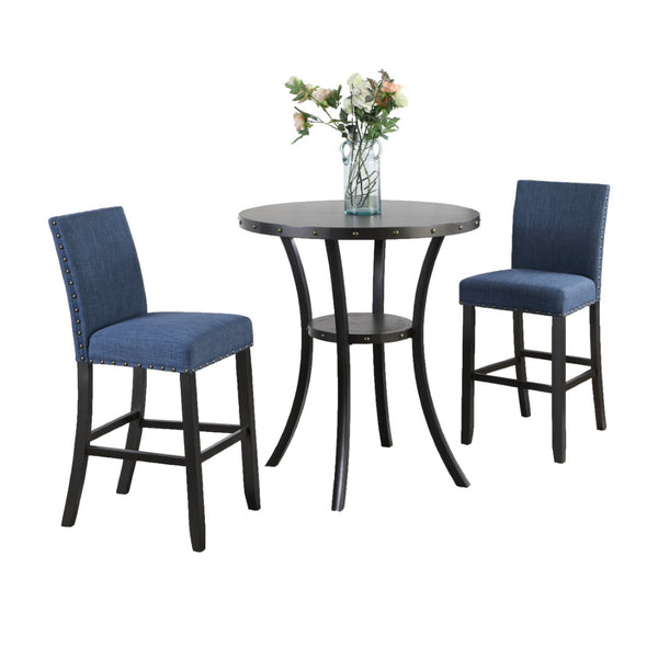 English Elm Biony Round Pub Table Set with Upholstered Chairs Brass Nail Head Espresso Finish Blue T2574S00034