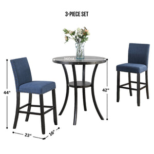 English Elm Biony Round Pub Table Set with Upholstered Chairs Brass Nail Head Espresso Finish Blue T2574S00034