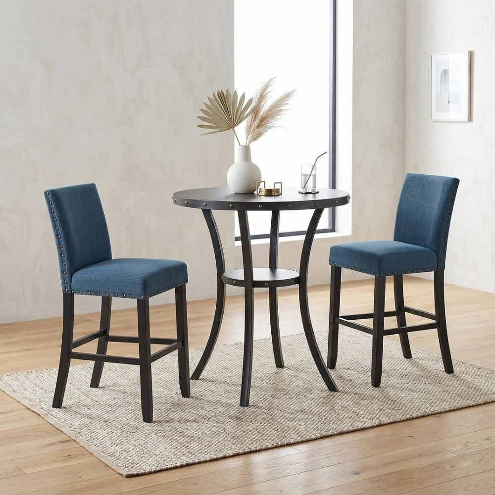 English Elm Biony Round Pub Table Set with Upholstered Chairs Brass Nail Head Espresso Finish Blue T2574S00034