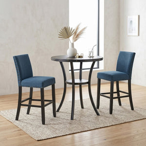 English Elm Biony Round Pub Table Set with Upholstered Chairs Brass Nail Head Espresso Finish Blue T2574S00034