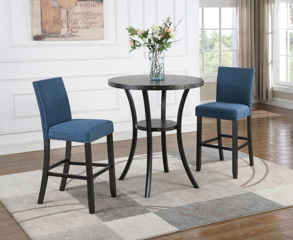 English Elm Biony Round Pub Table Set with Upholstered Chairs Brass Nail Head Espresso Finish Blue T2574S00034