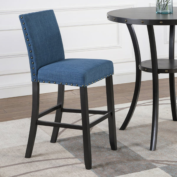 English Elm Biony Round Pub Table Set with Upholstered Chairs Brass Nail Head Espresso Finish Blue T2574S00034