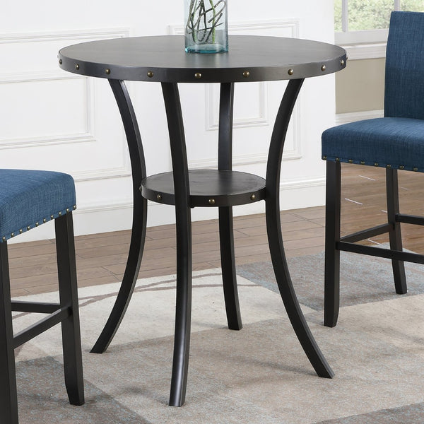 English Elm Biony Round Pub Table Set with Upholstered Chairs Brass Nail Head Espresso Finish Blue T2574S00034