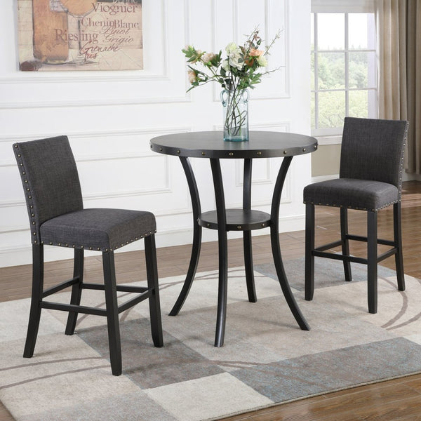 English Elm Biony Round Pub Table Set with Upholstered Chairs Brass Nail Head Espresso Finish Gray T2574S00035