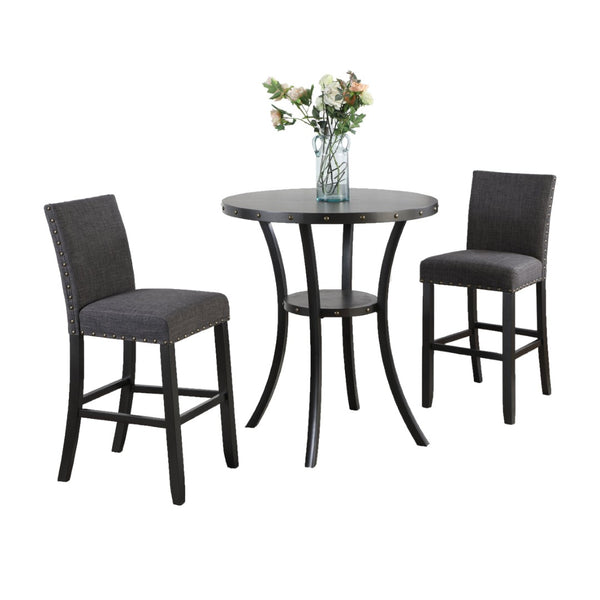 English Elm Biony Round Pub Table Set with Upholstered Chairs Brass Nail Head Espresso Finish Gray T2574S00035