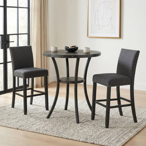 English Elm Biony Round Pub Table Set with Upholstered Chairs Brass Nail Head Espresso Finish Gray T2574S00035