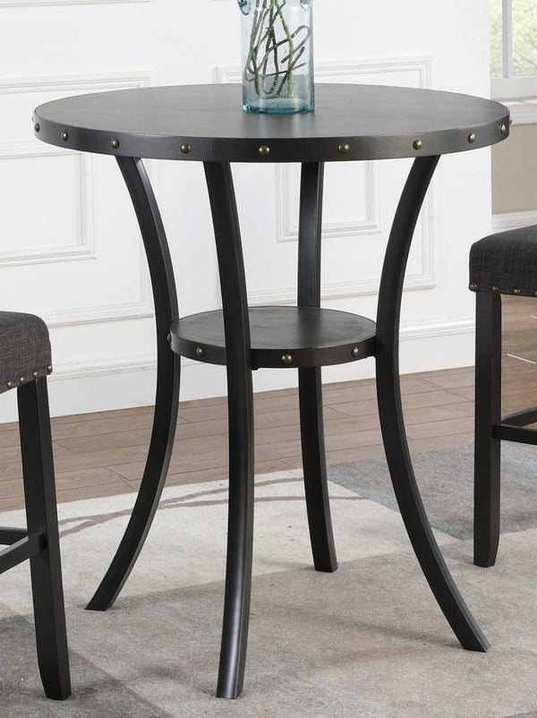 English Elm Biony Round Pub Table Set with Upholstered Chairs Brass Nail Head Espresso Finish Gray T2574S00035