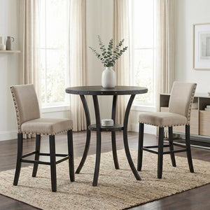 English Elm Biony Round Pub Table Set with Upholstered Chairs Brass Nail Head Espresso Finish Tan T2574S00036