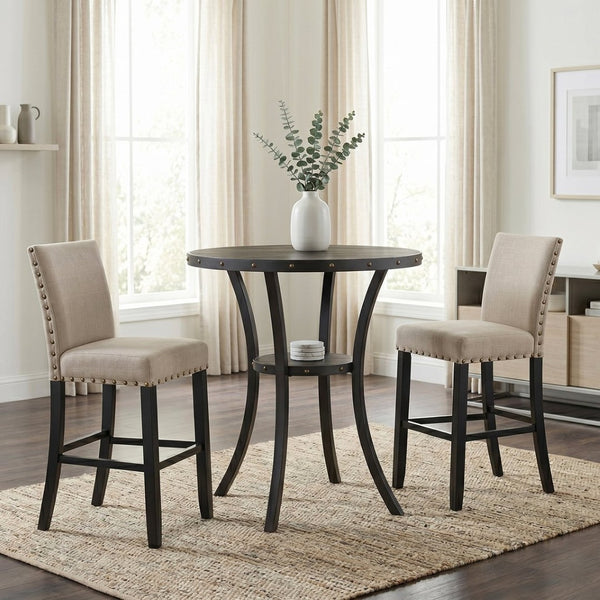 English Elm Biony Round Pub Table Set with Upholstered Chairs Brass Nail Head Espresso Finish Tan T2574S00036
