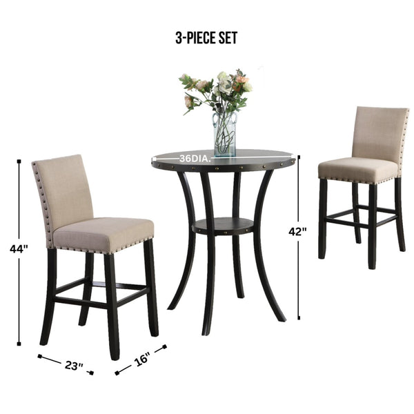 English Elm Biony Round Pub Table Set with Upholstered Chairs Brass Nail Head Espresso Finish Tan T2574S00036