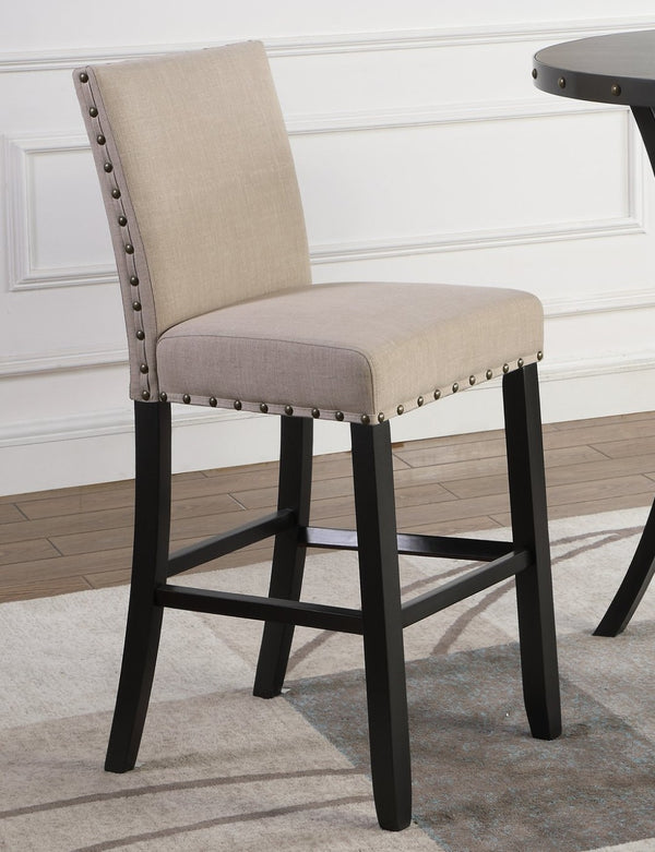 English Elm Biony Round Pub Table Set with Upholstered Chairs Brass Nail Head Espresso Finish Tan T2574S00036
