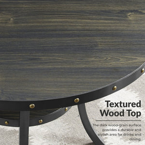 English Elm Biony Round Pub Table Set with Upholstered Chairs Brass Nail Head Espresso Finish Tan T2574S00036