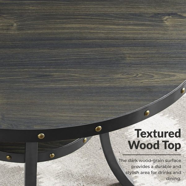 English Elm Biony Round Pub Table Set with Upholstered Chairs Brass Nail Head Espresso Finish Tan T2574S00036