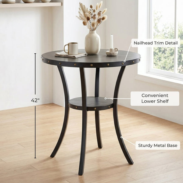 English Elm Biony Round Pub Table Set with Upholstered Chairs Brass Nail Head Espresso Finish Tan T2574S00036