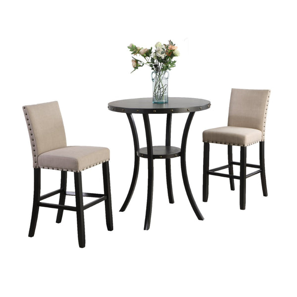 English Elm Biony Round Pub Table Set with Upholstered Chairs Brass Nail Head Espresso Finish Tan T2574S00036