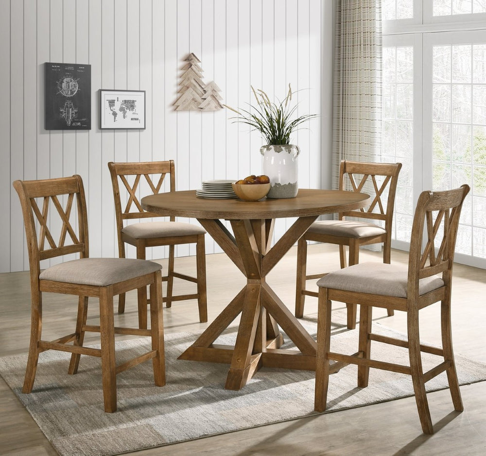 English Elm Windvale Round Oak Veneer Counter Height Dining Set with Cross-buck Pedestal Base T2574S00041