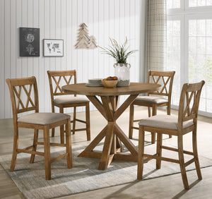 English Elm Windvale Round Oak Veneer Counter Height Dining Set with Cross-buck Pedestal Base T2574S00041