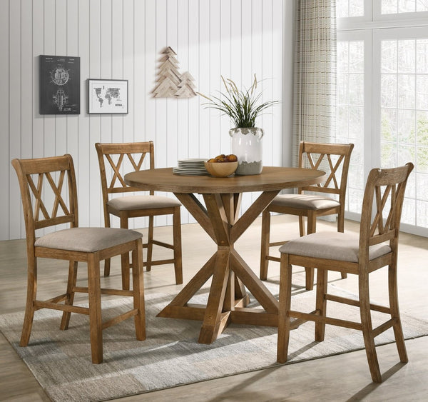 English Elm Windvale Round Oak Veneer Counter Height Dining Set with Cross-buck Pedestal Base T2574S00041