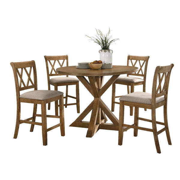 English Elm Windvale Round Oak Veneer Counter Height Dining Set with Cross-buck Pedestal Base T2574S00041