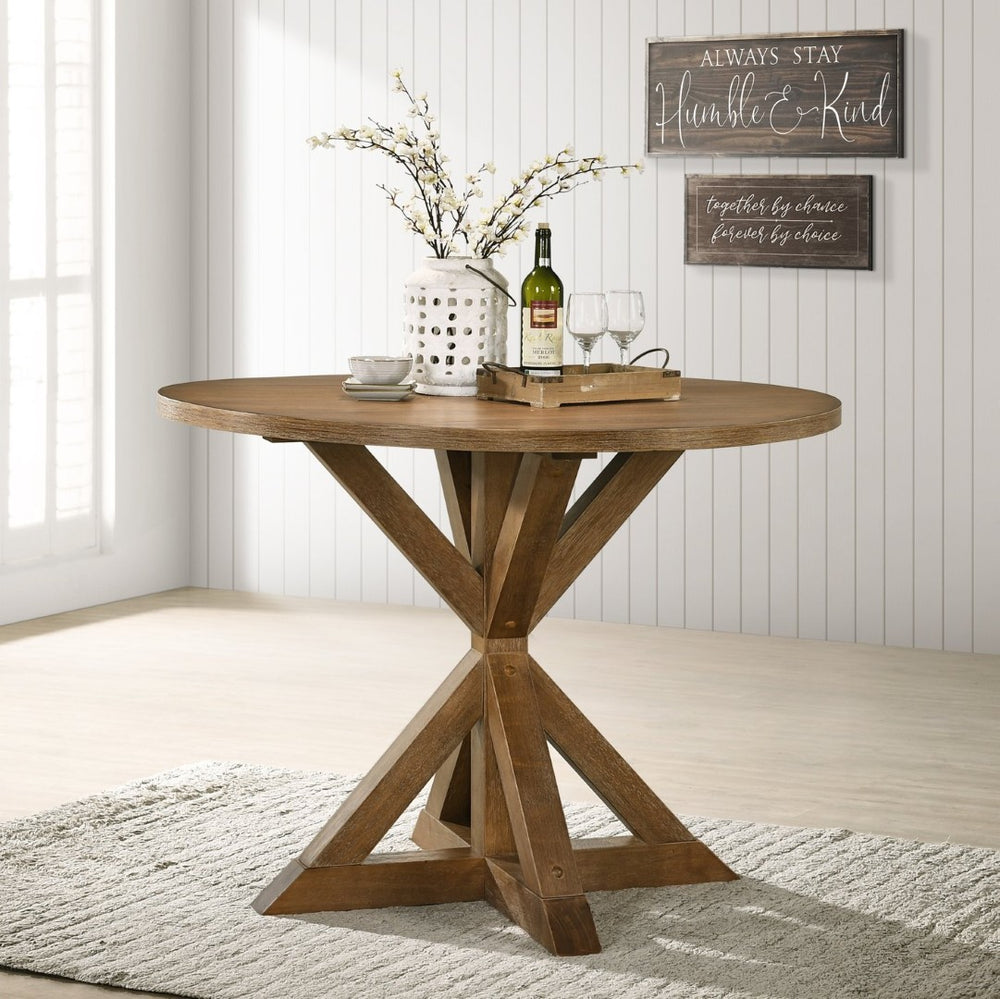 English Elm Windvale Round Oak Veneer Counter Height Dining Set with Cross-buck Pedestal Base T2574S00041