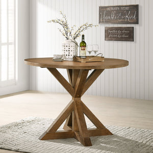 English Elm Windvale Round Oak Veneer Counter Height Dining Set with Cross-buck Pedestal Base T2574S00041
