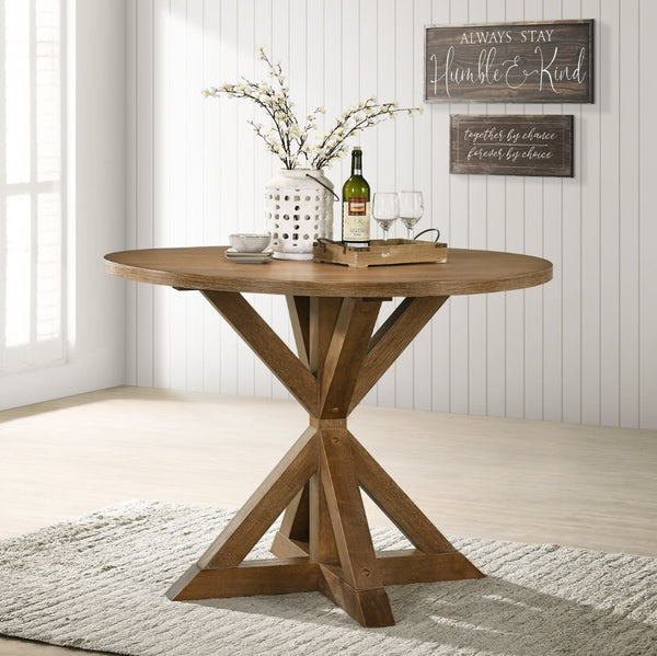 English Elm Windvale Round Oak Veneer Counter Height Dining Set with Cross-buck Pedestal Base T2574S00041