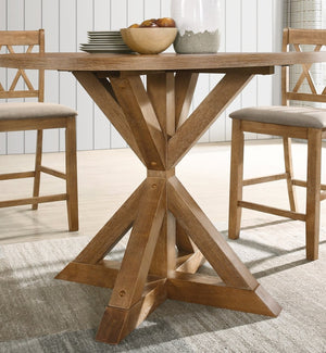 English Elm Windvale Round Oak Veneer Counter Height Dining Set with Cross-buck Pedestal Base T2574S00041