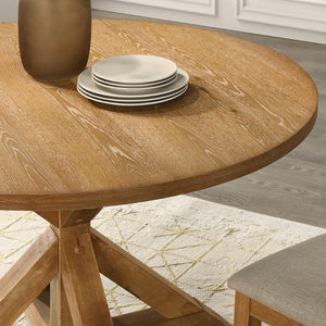 English Elm Windvale Round Oak Veneer Counter Height Dining Set with Cross-buck Pedestal Base T2574S00041