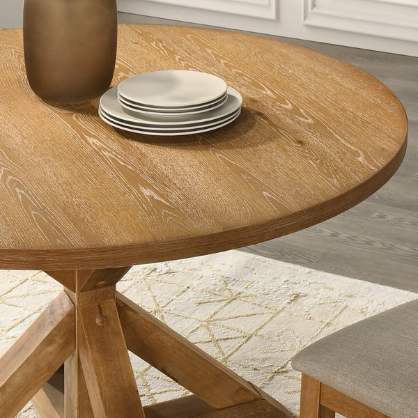 English Elm Windvale Round Oak Veneer Counter Height Dining Set with Cross-buck Pedestal Base T2574S00041