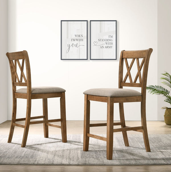 English Elm Windvale Round Oak Veneer Counter Height Dining Set with Cross-buck Pedestal Base T2574S00041