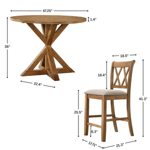 English Elm Windvale Round Oak Veneer Counter Height Dining Set with Cross-buck Pedestal Base T2574S00041