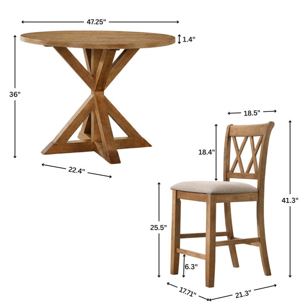English Elm Windvale Round Oak Veneer Counter Height Dining Set with Cross-buck Pedestal Base T2574S00041