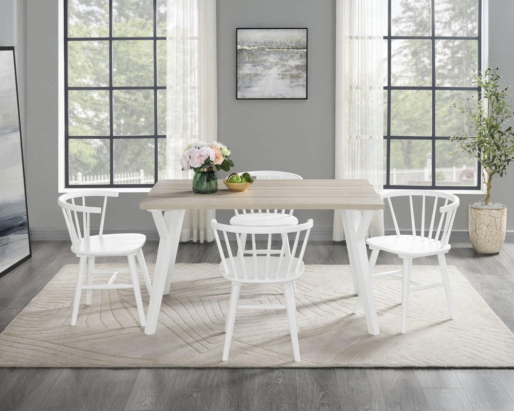 English Elm Roundhill Alwynn Two-tone Scandinavian Dining Set with Windsor Spindle Chairs Seats Six T2574S00056