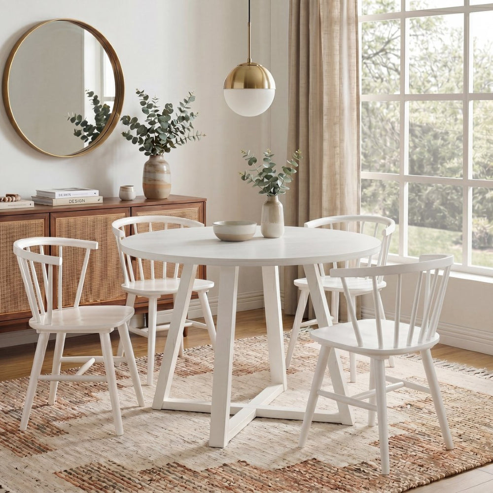 English Elm Edo Round Rubberwood Trestle Dining Set Seats Four Windsor Spindle Chairs White T2574S00058