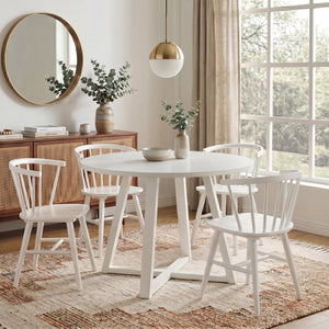 English Elm Edo Round Rubberwood Trestle Dining Set Seats Four Windsor Spindle Chairs White T2574S00058