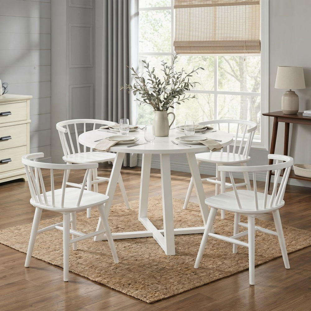 English Elm Edo Round Rubberwood Trestle Dining Set Seats Four Windsor Spindle Chairs White T2574S00058