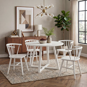 English Elm Edo Round Rubberwood Trestle Dining Set Seats Four Windsor Spindle Chairs White T2574S00058