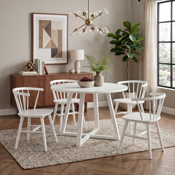 English Elm Edo Round Rubberwood Trestle Dining Set Seats Four Windsor Spindle Chairs White T2574S00058