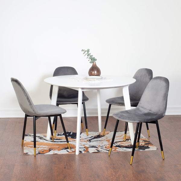 English Elm Lassan Glam Round Dining Set Velvet Chairs Gold Legs White MDF Table Seats Four T2574S00066