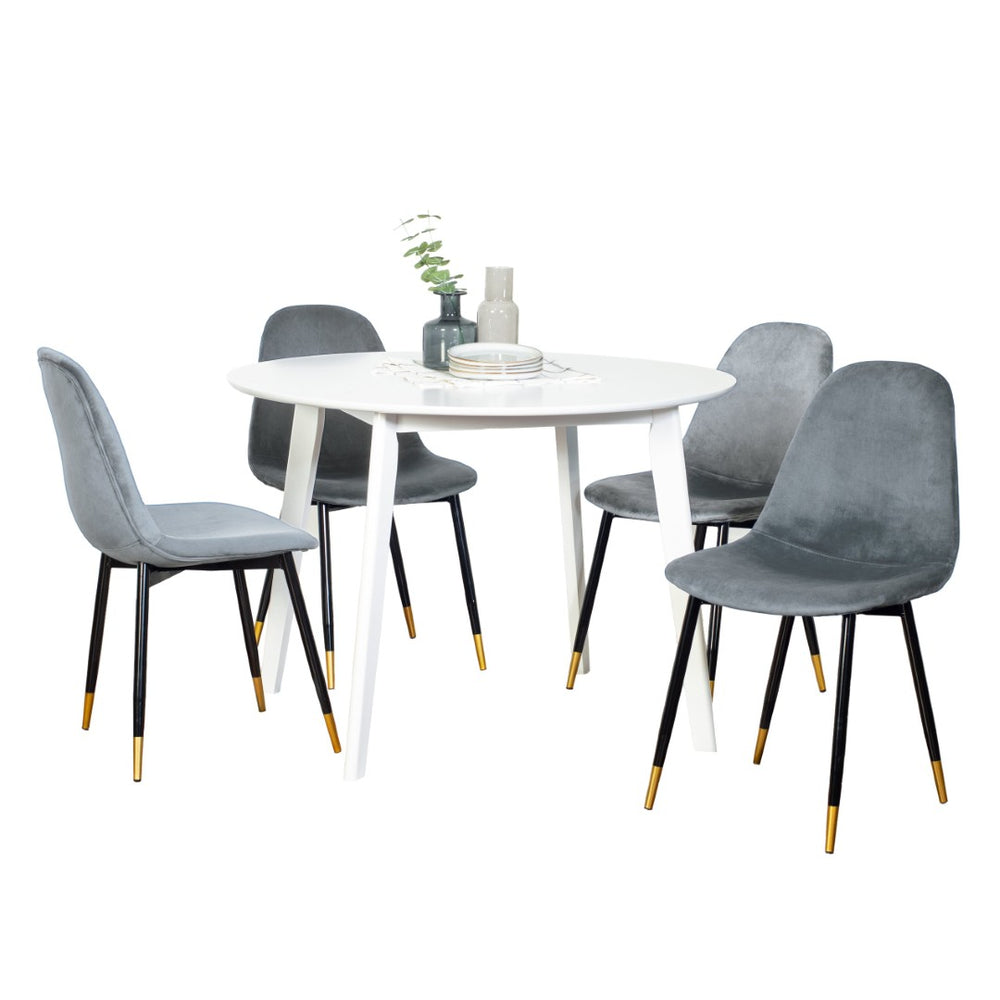 English Elm Lassan Glam Round Dining Set Velvet Chairs Gold Legs White MDF Table Seats Four T2574S00066